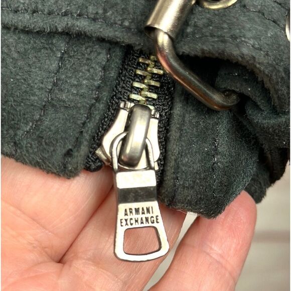 Armani Exchange Charcoal Leather Suede Moto Bomber Jacket Fur Collar Satin Back - Picture 12 of 15